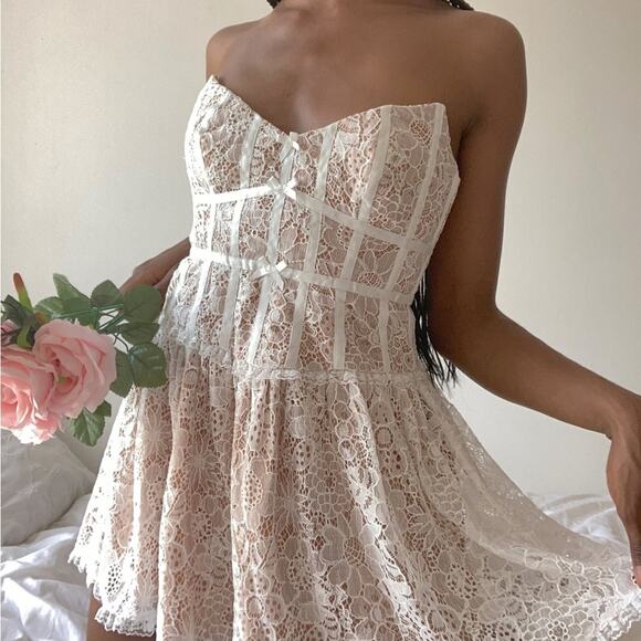 For Love & Lemons Jelena White Tan Lace Strapless Mini Dress Women’s Size Medium - Picture 1 of 14